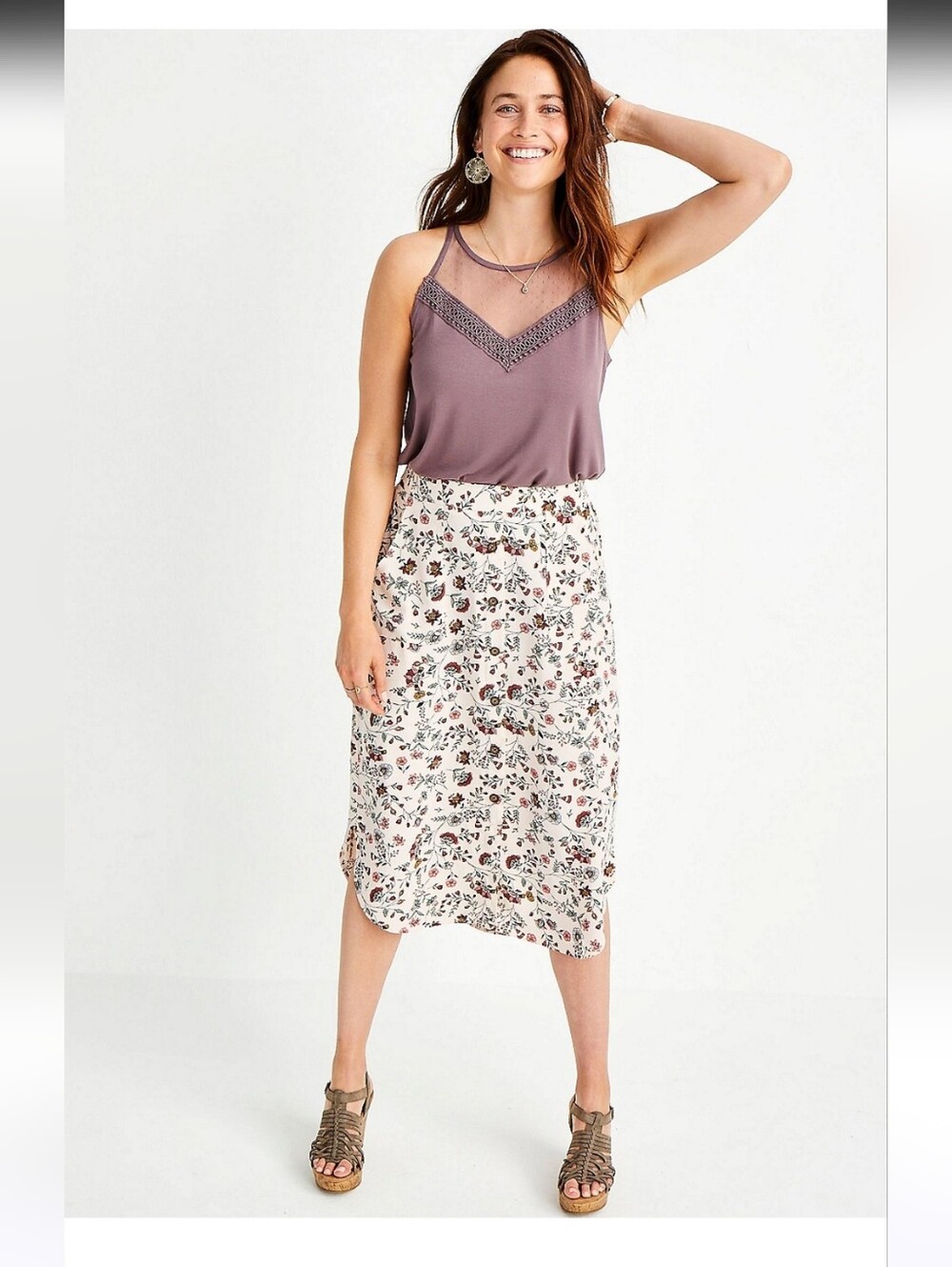 Maurices Floral Button Shirttail Hem Midi Women's Skirt Pocket Sz M Lightweight